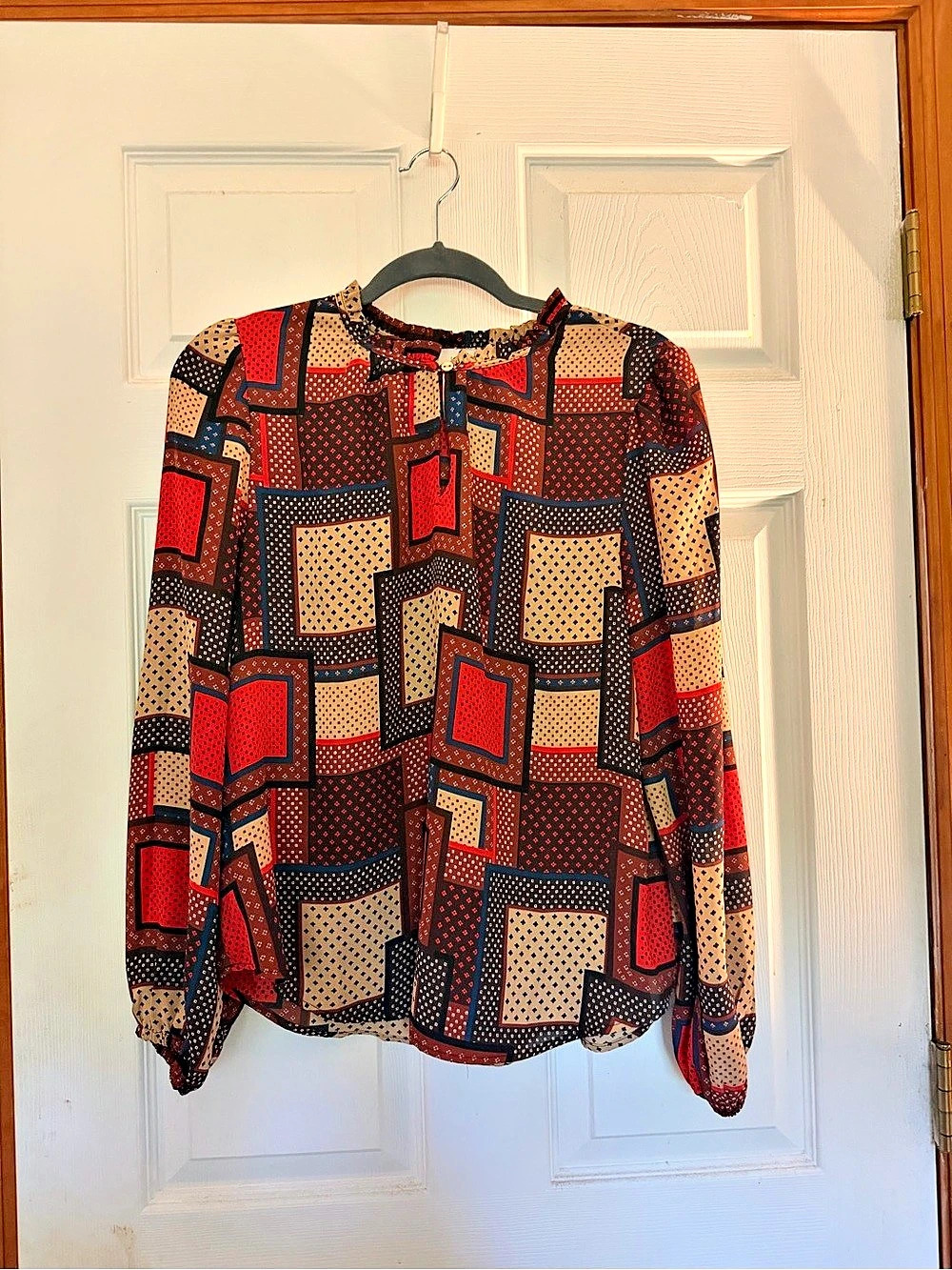 LOFT Geometric Blouse in Red & Brown Size Medium Like New